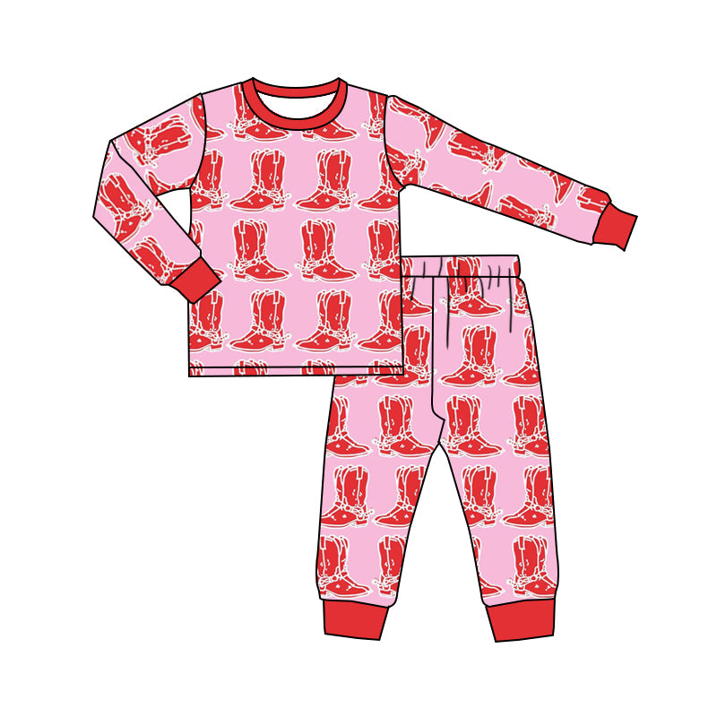 Baby Girls Red Valentines Western Boots Top Legging Pants Pyjamas Clothes Sets Preorder(moq 5)