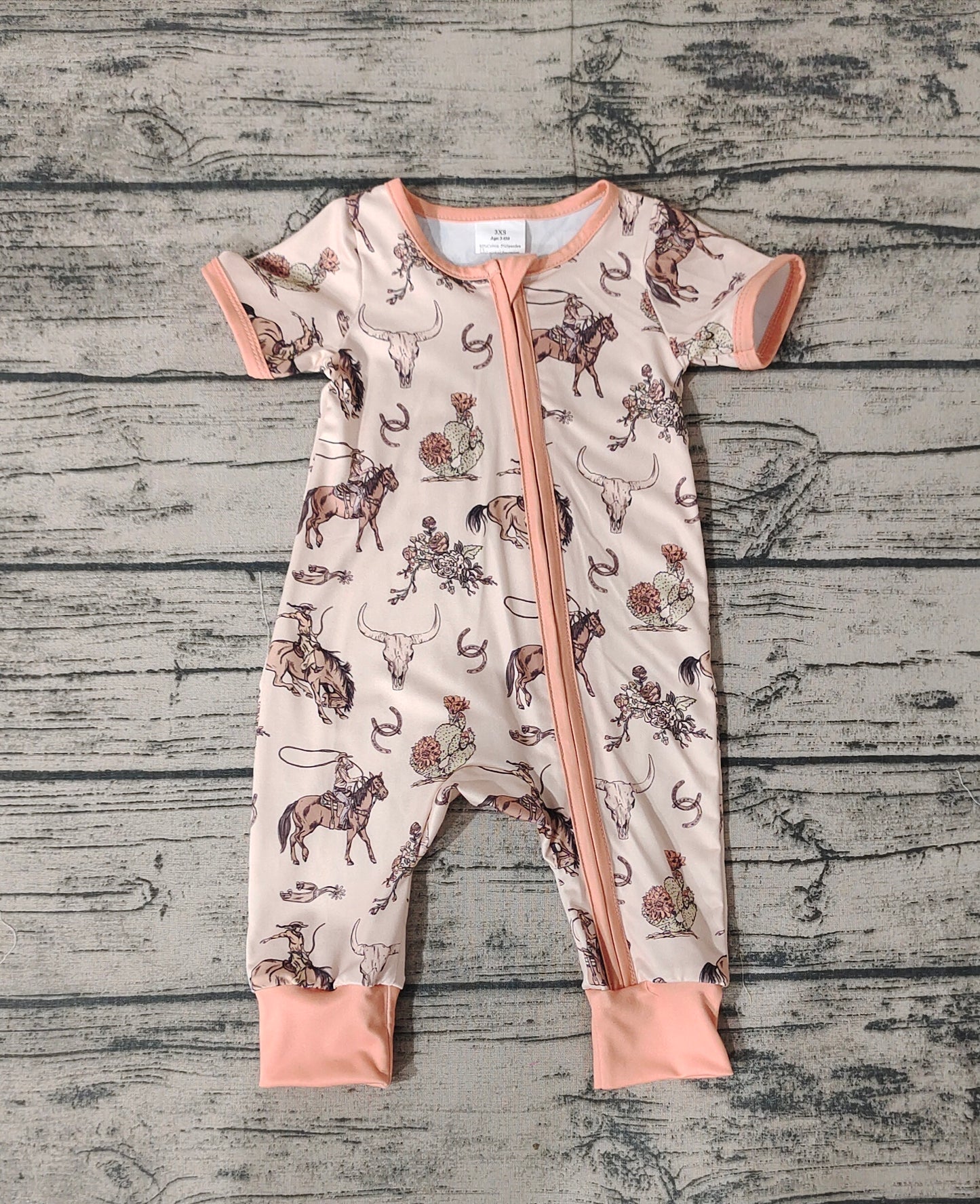 Baby Infant Boys Rodeo Cow Skull Summer Zip Rompers