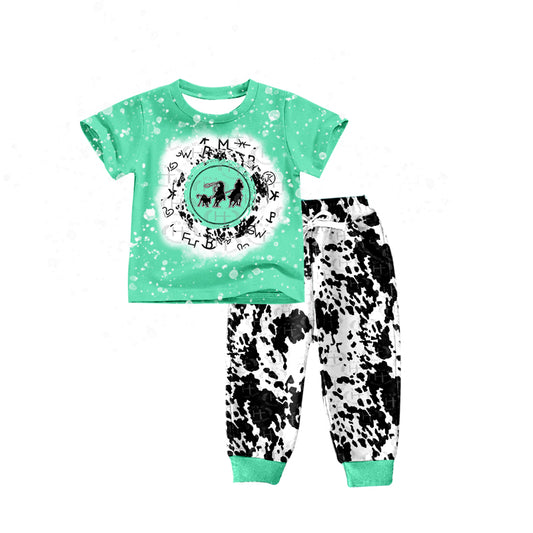 Baby Boys Western Green Top Cow Pants Sets Preorder(moq 5)