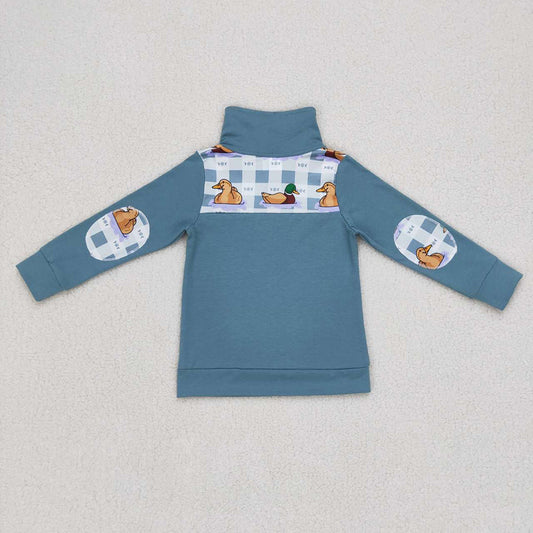 Baby Boys Fall Duck Blue Checkered Zip Pullover Tops