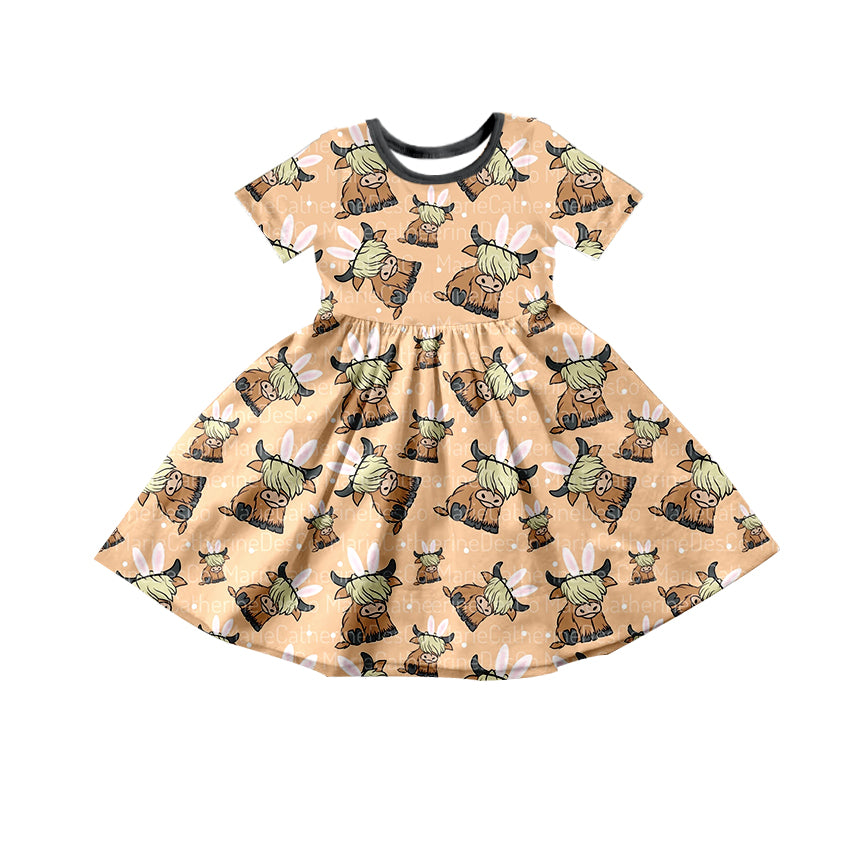 Baby Girls Easter Cow Rabbits Ears Western Knee Length Dresses Preorder(moq 5)