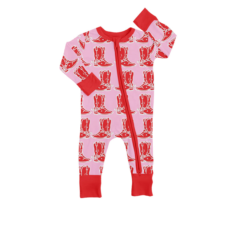 Baby Girls Pink Red Western Boots Zip Valentines Rompers preorder(moq 5)