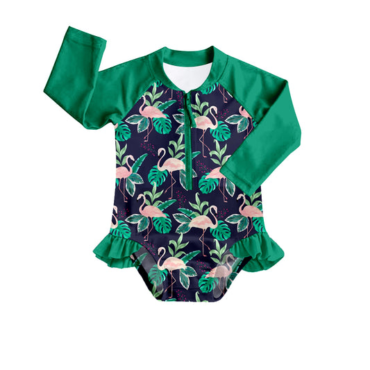 Baby Girls Flamingo Leaves Long Sleeve One Piece Swimsuits preorder(moq 5)