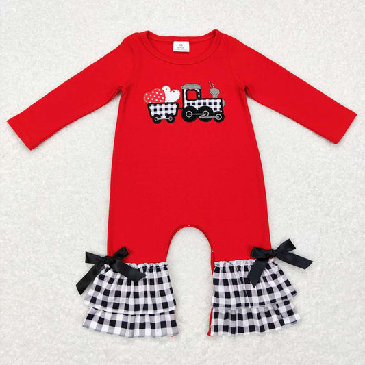 Baby Infant Girls Valentines Red Tractor Long Sleeve Ruffle Bows Rompers