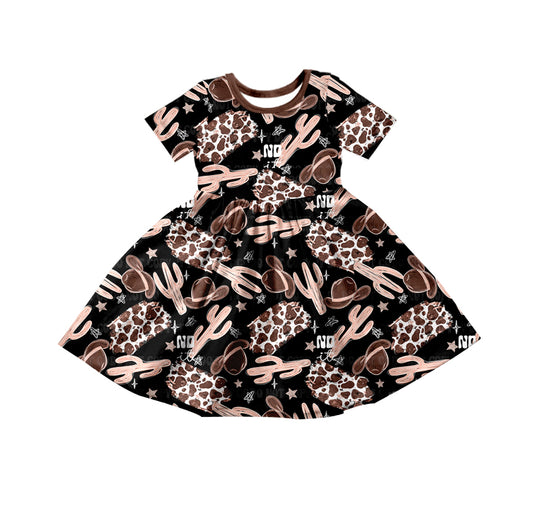 Baby Girls Cactus Cow Black Western Knee Length Dresses Preorder(moq 5)