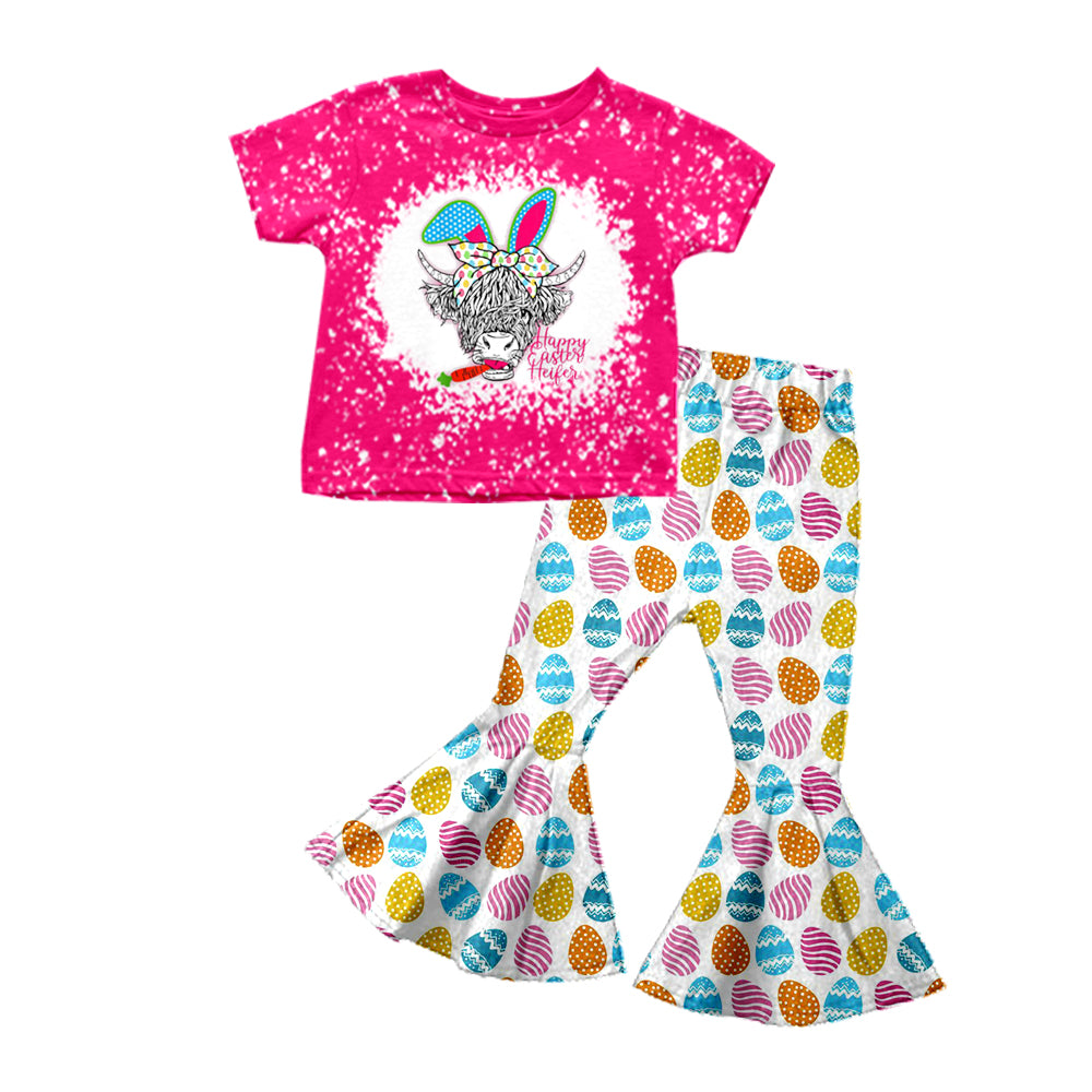 Baby Girls Highland Cow Easter Western Tee Shirt Eggs Flare Pants Sets Preorder(moq 5)