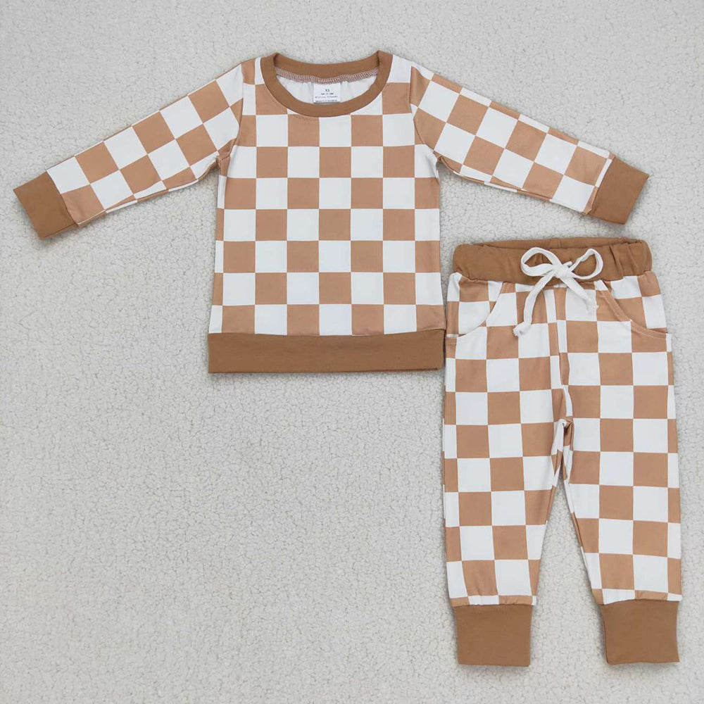 Checkered Baby Kids Khaki Color Shirt Pants Pajamas Clothes Sets