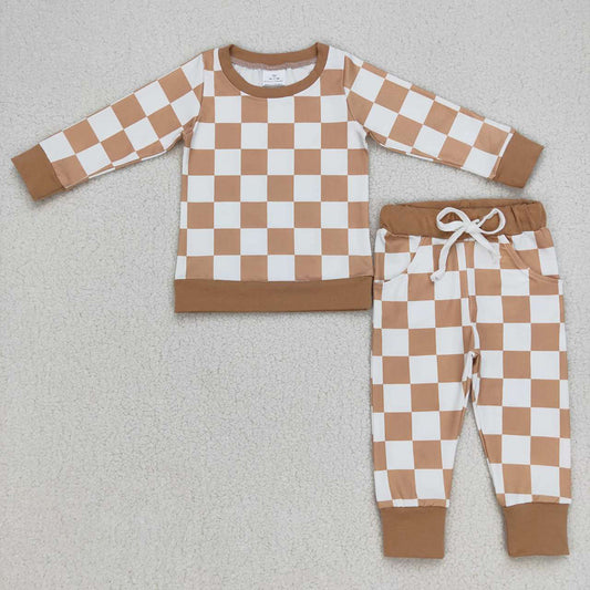 Checkered Baby Kids Khaki Color Shirt Pants Pajamas Clothes Sets