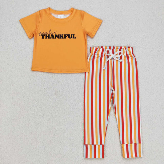 Baby Boys Orange Thankful Tee Thanksgiving Shirt Stripes Pants Clothes Sets