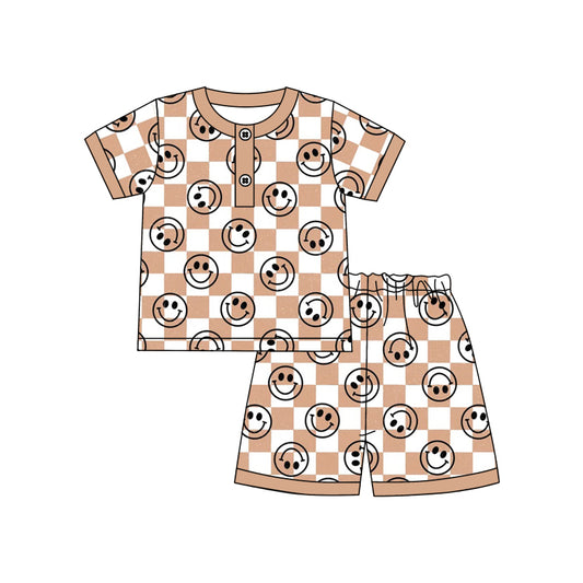 Baby Boys Khaki Checkered Smile Short Sleeve Tee Shirt Shorts Pajamas Clothes Sets preorder(moq 5)