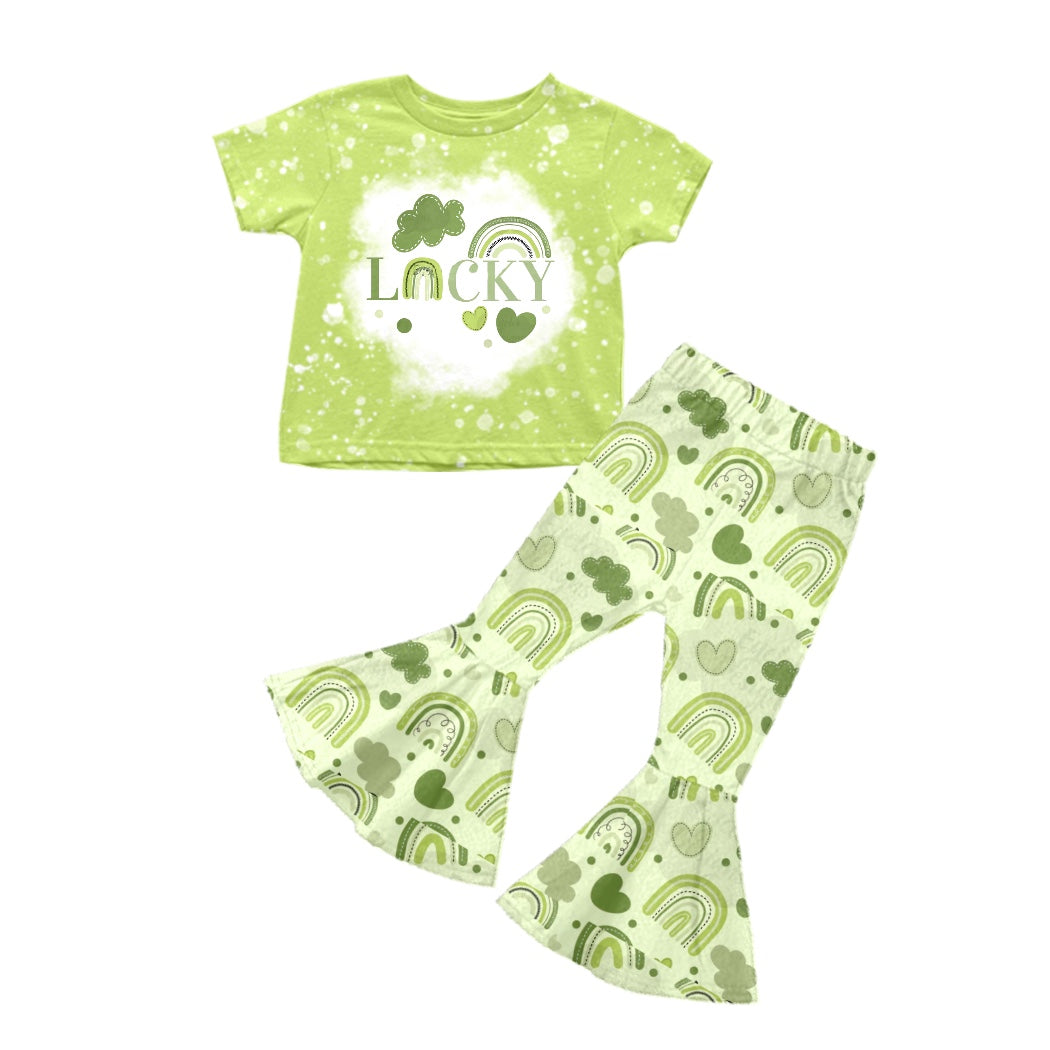 Baby Girls Green Lucky St Patrick Day Short Sleeve Top Flare Pants Clothes Sets preorder(moq 5)