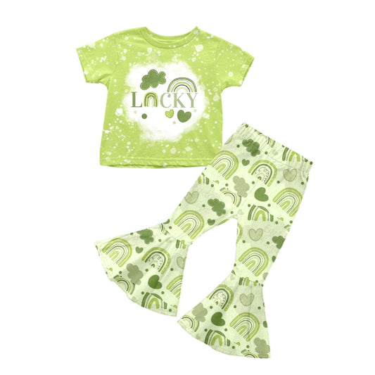 Baby Girls Green Lucky St Patrick Day Short Sleeve Top Flare Pants Clothes Sets preorder(moq 5)