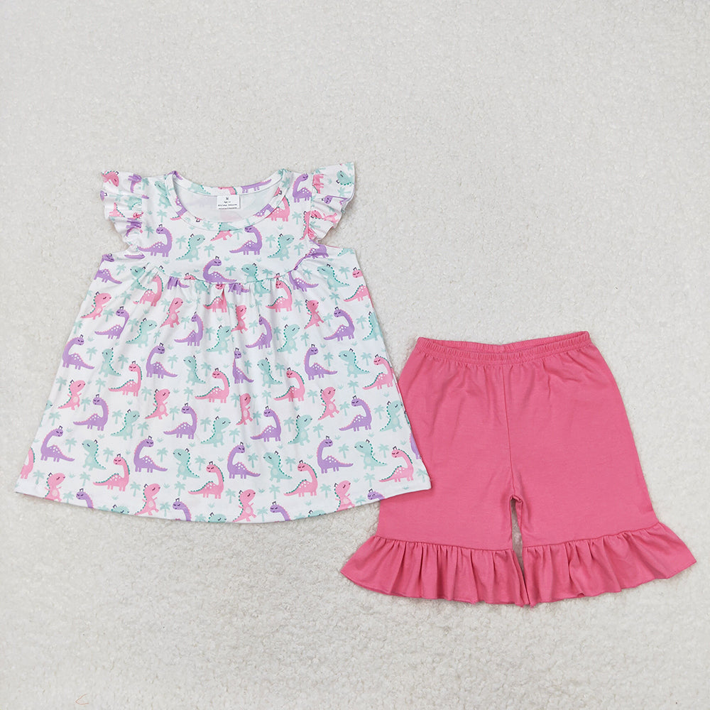 Baby Girls Dinosaurs Tunic Tops Ruffle Pink Shorts Clothes Sets
