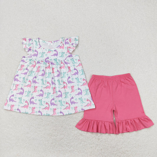 Baby Girls Dinosaurs Tunic Tops Ruffle Pink Shorts Clothes Sets
