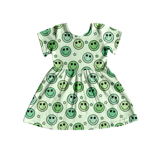 Baby Girls Short Sleeve Green St Patrick Day Smile Knee Length Dresses Preorder(moq 5)