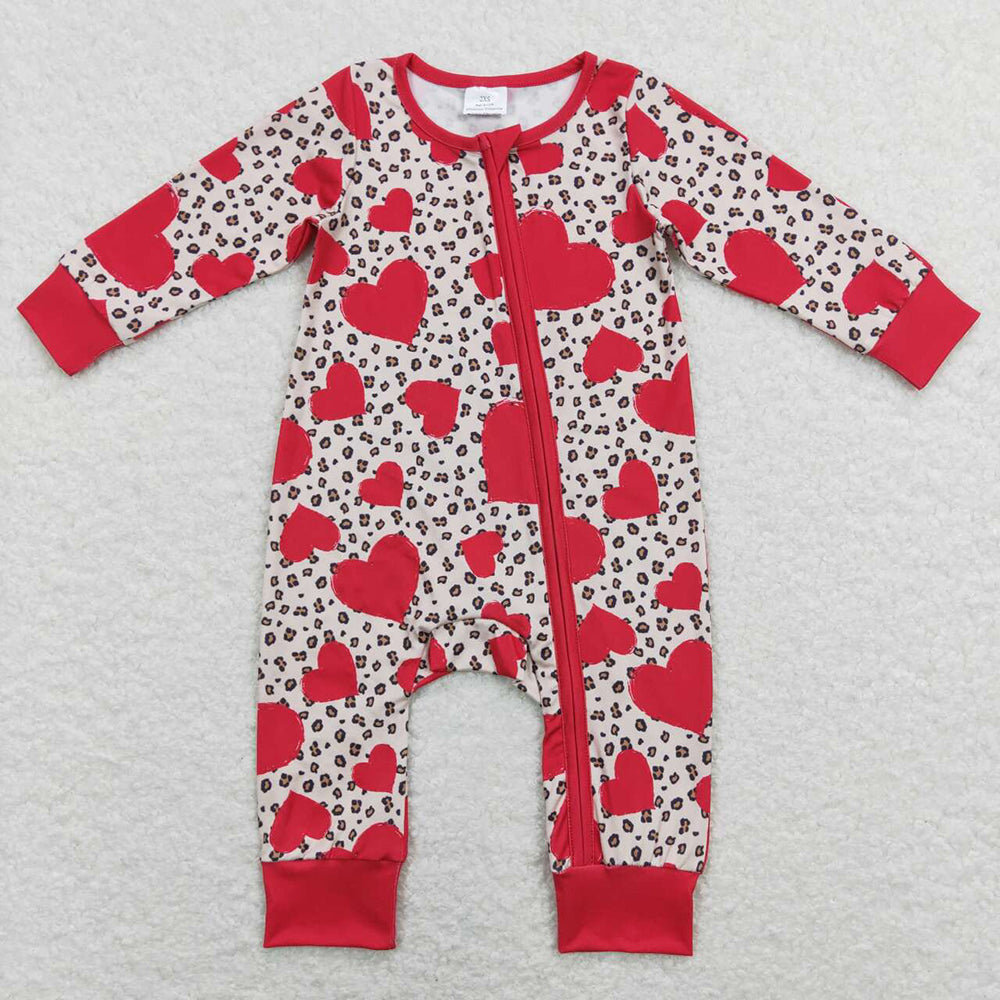 Baby Infant Girls Valentines Hearts Leopard Long Sleeve Zip Rompers