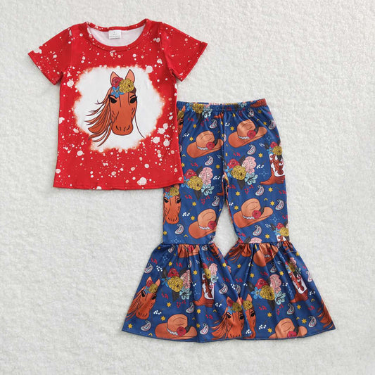 Baby Girls Horse Short Sleeve Top Western Bell Pants Clothing Sets