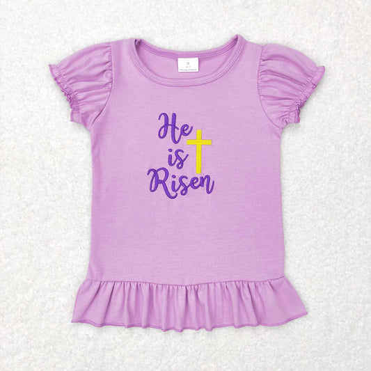 Baby Girls He Is Risen Cross Easter Lavender Puffy Short Sleeve Shirt Tops