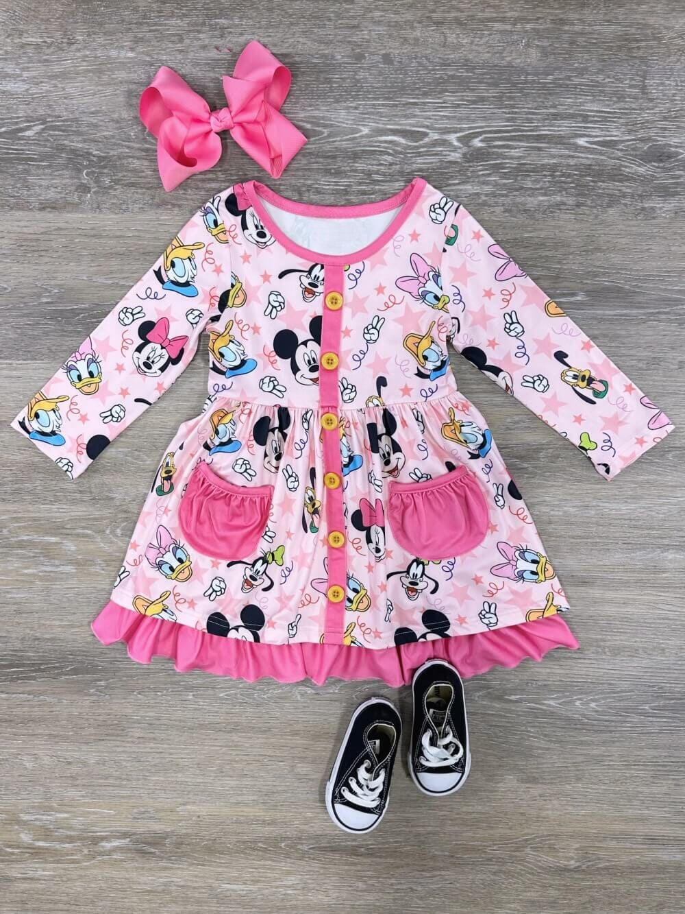 Baby Girls Pink Cartoon Mouse Pocket Ruffle Dresses preorder(moq 5)