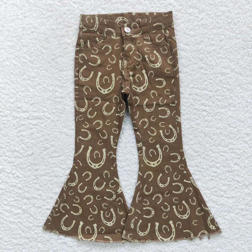 Baby Girls Western Horse Shoe Brown Denim Bell Pants