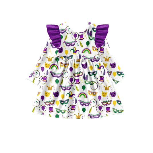 Baby Girls Long Sleeve Mardi Gras Mask Knee Length Dresses Preorder(moq 5)