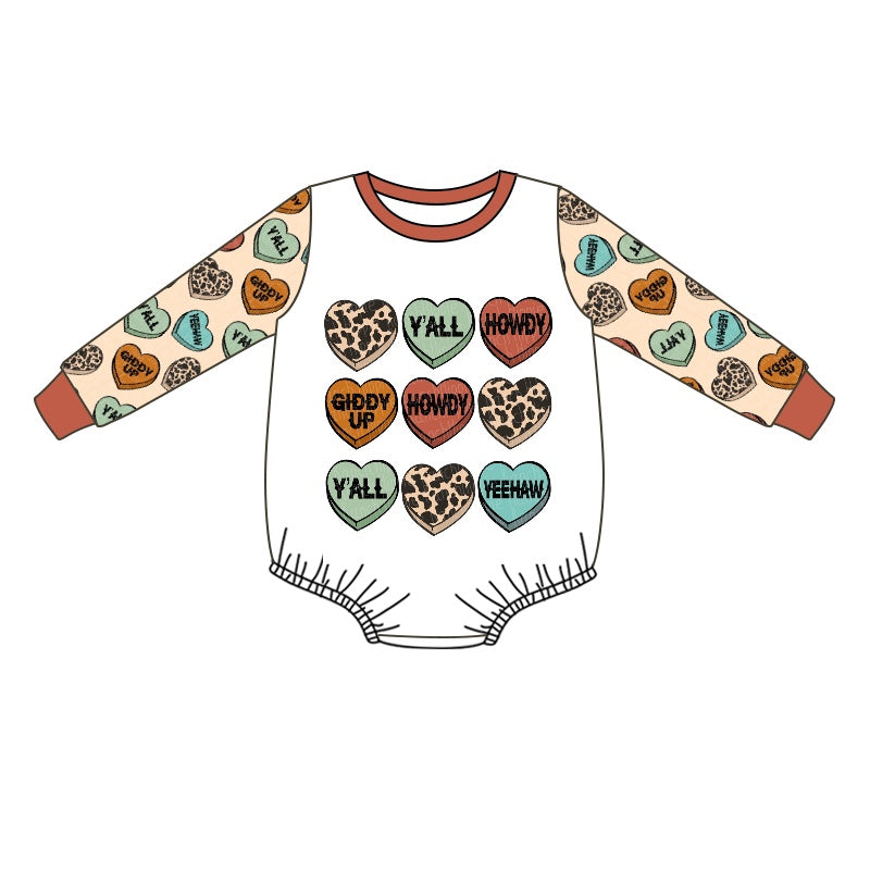 Baby Infant Boys Valentines Hearts Howdy Long Sleeve Rompers preorder(moq 5)