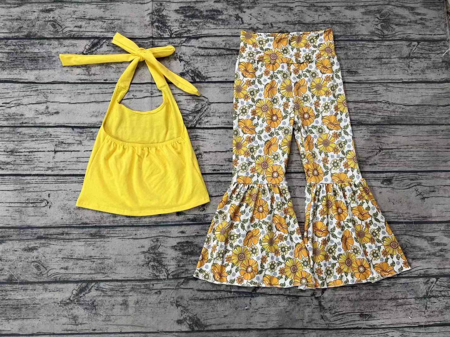 Baby Girls Mustard Halter Top Shirt Flowers Bell Bottom Pants Clothes Sets