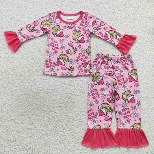 Baby Girls Long Sleeve Pink Frog Christmas Top Ruffle Pants Pajamas Clothes Sets