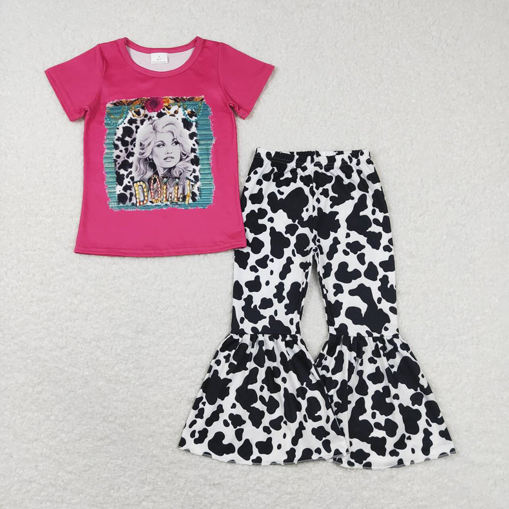 Baby Girls Singer Short Sleeve Top Cow Print Flare Pants Clothes Sets