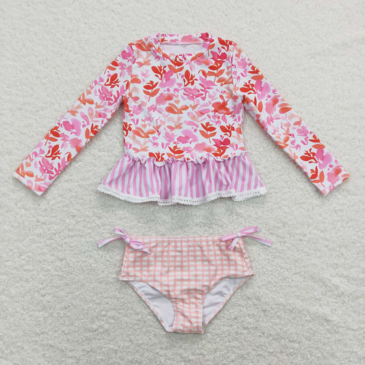 Baby Girls Orarnge Flowers Long Sleeve Top Bummies 2pcs Swimsuits