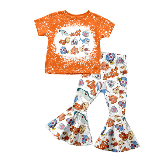 Baby Girls Cartoon Fish Animal Short Sleeve Tee Shirt Flare Pants Clothes Sets preorder(moq 5)