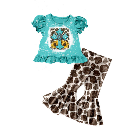 Baby Girls Easter Sunflowers Shirt Top Cow Bell Pants Sets Preorder(moq 5)