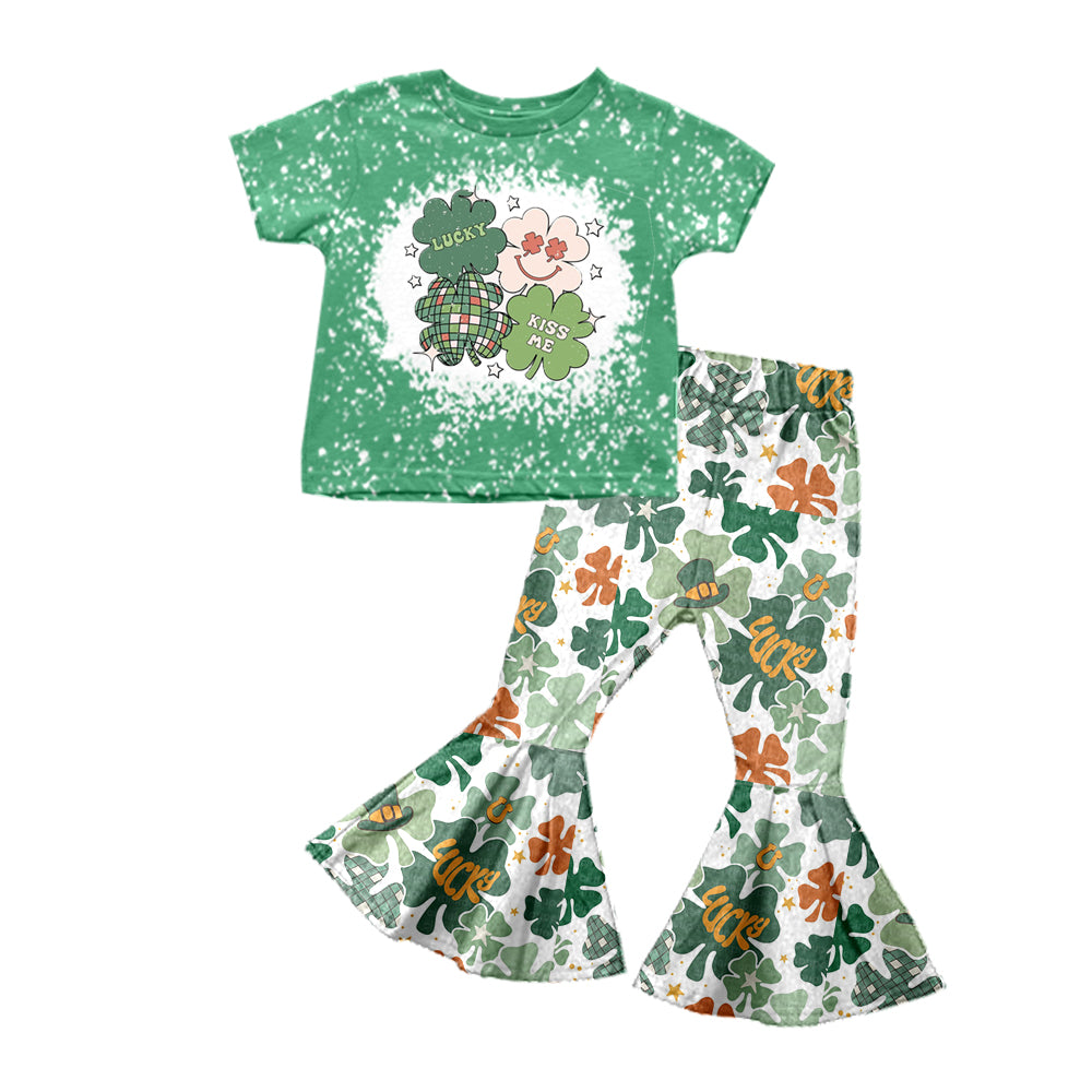 Baby Girls St Patrick Day Green Tee Bell Bottom Pants Clothes Sets preorder(moq 5)