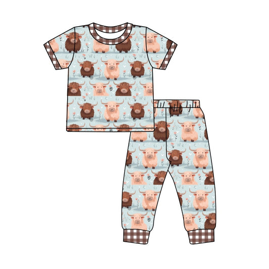 Baby Boys Highland Cow Western Short Sleeve Top Pants Clothes Sets preorder(moq 5)