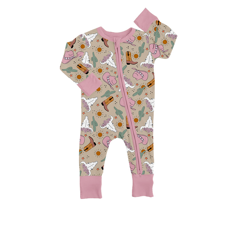 Baby Girls Pink Western Boots Hats Zip Flowers Rompers preorder(moq 5)