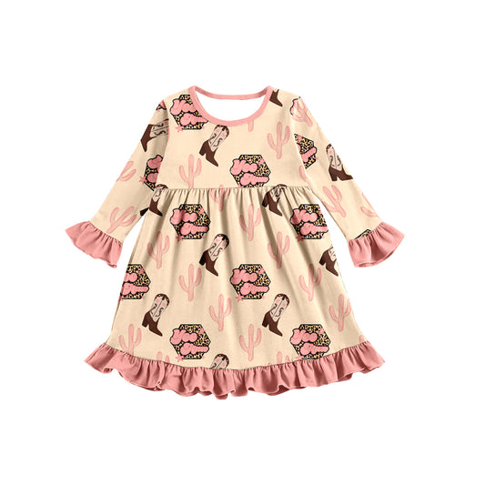 Baby Girls Western Pink Cactus long sleeve Knee Length Dresses preorder(moq 5)