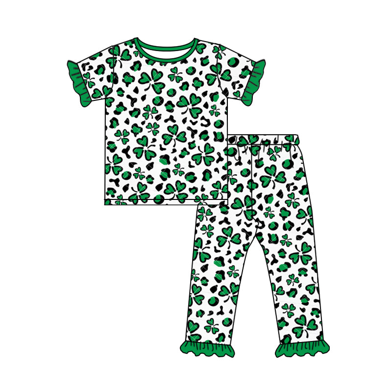 Baby Girls St Patrick Day Green Quatrefoil Tee Bottom Pants Pajamas Clothes Sets preorder(moq 5)