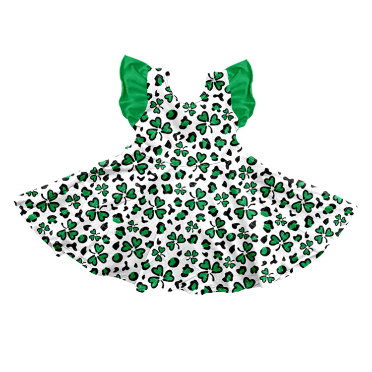 Baby Girls Flutter Sleeve St Patrick Day Quatrefoil Knee Length Dresses preorder(moq 5)