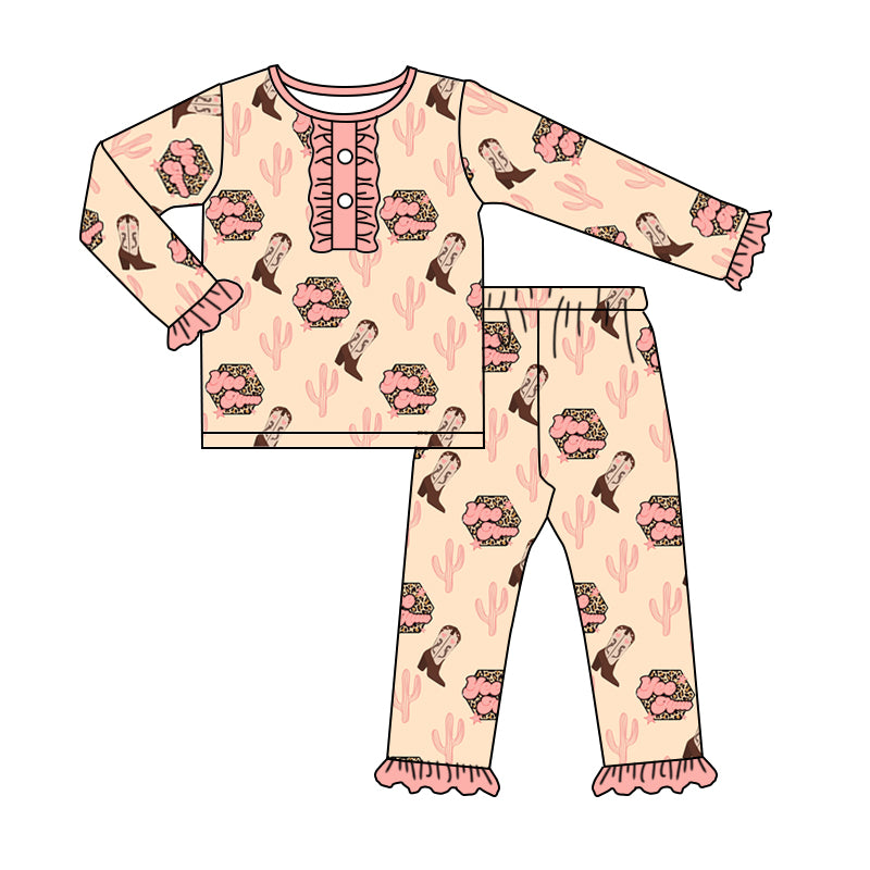 Baby Girls Western Pink Cactus Pajamas Clothes Sets preorder(moq 5)