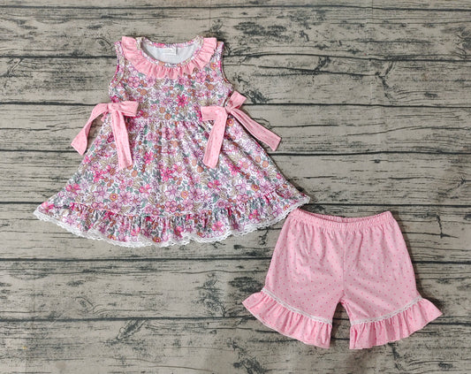 Baby Girls Pink Flowers Bows Tunic Tops Ruffle Shorts Clothes Sets