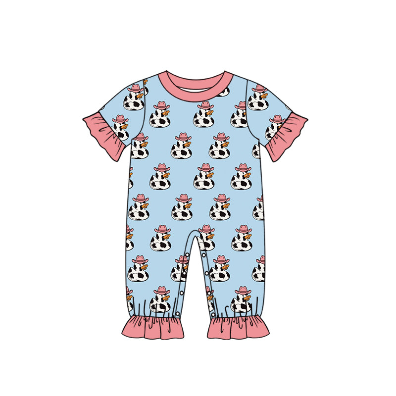 Baby Infant Girls Western Duck Cow Print Short Sleeve Rompers preorder(moq 5)