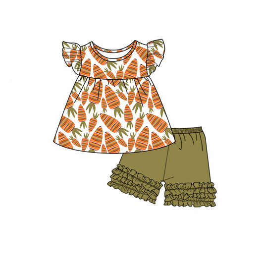 Baby Girls Easter Carrots Flutter Sleeve Tunic Icing Ruffle Shorts Clothes Sets Preorder(moq 5)