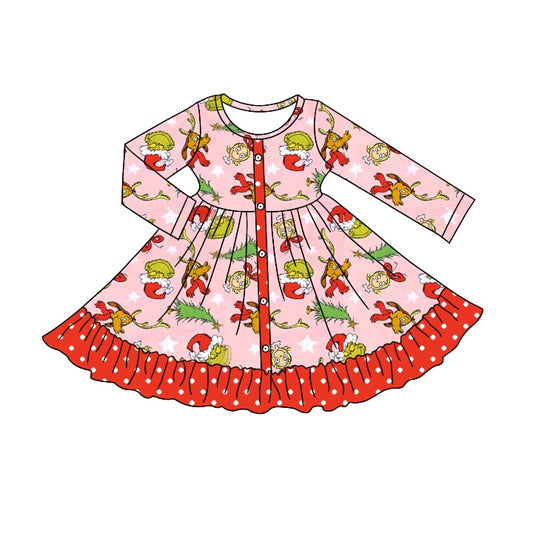 Baby Girls Christmas Red Green Tree Face Knee Length Dresses preorder(moq 5)