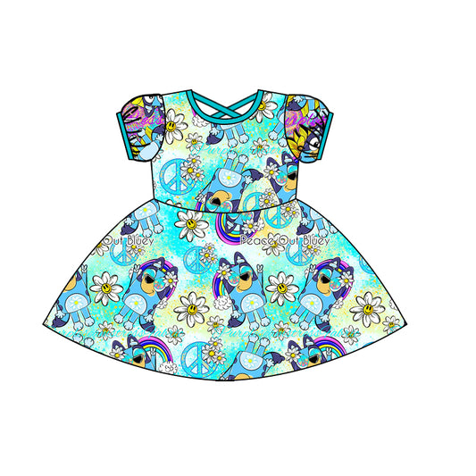 Baby Girls Dog Peace Blue Short Sleeve Knee Length Dresses Preorder(moq 5)