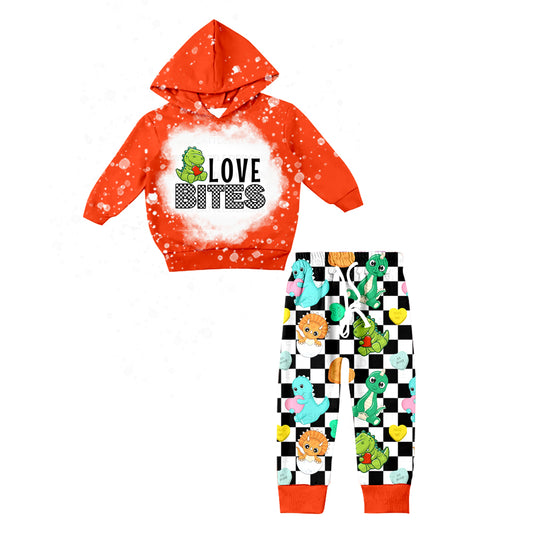 Baby Boys Valentines Love Bites Hooded Top Dinosaur Pants Clothes Sets preorder(moq 5)