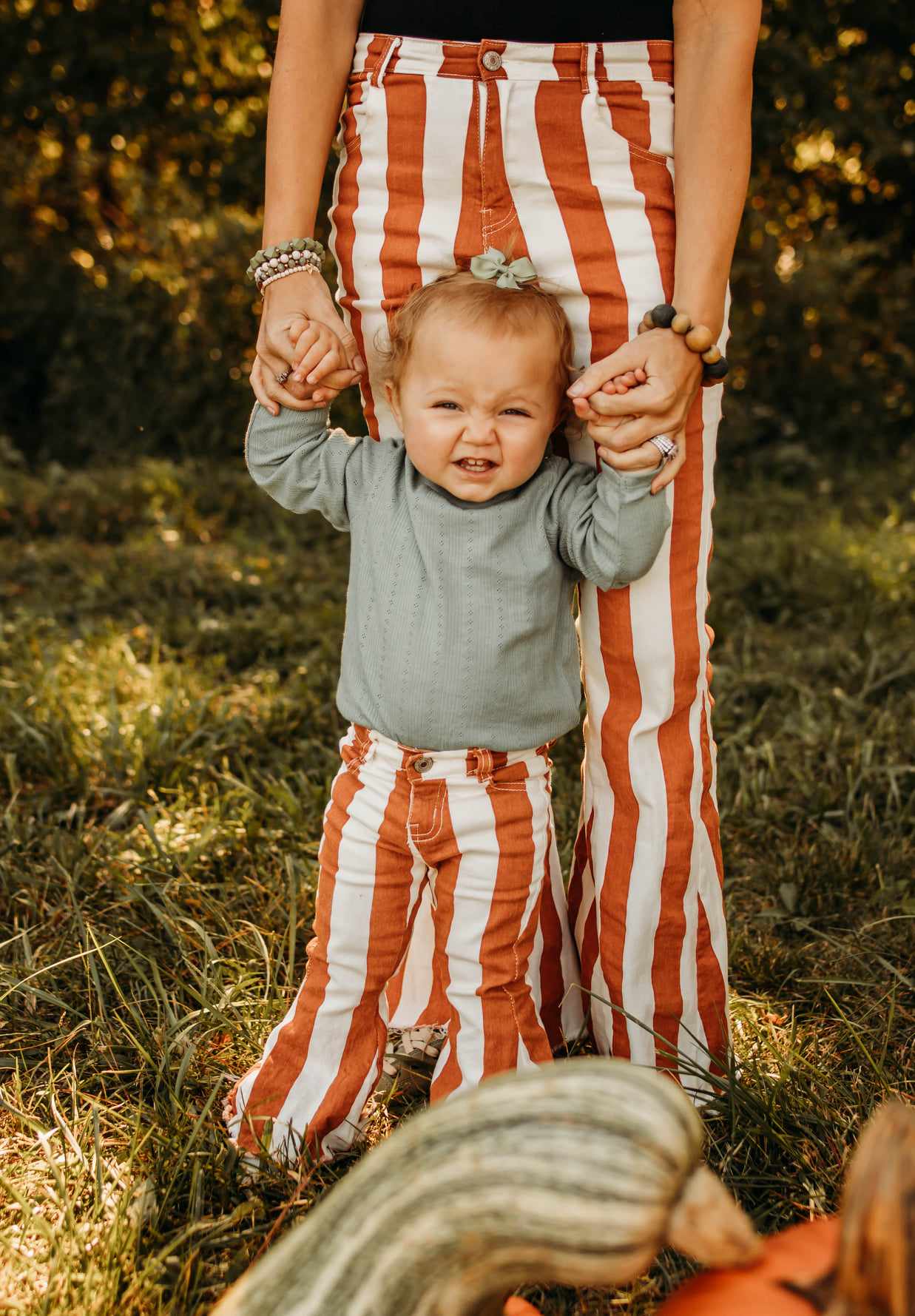 Mommy and Me Adult Baby Girls Orange/Brown Denim Bell Flare Pants Jeans