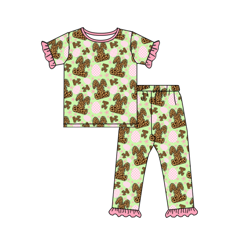 Baby Girls Easter Leopard Rabbit Shirts Top Ruffle Pants Pyjamas Clothes Sets Preorder(moq 5)