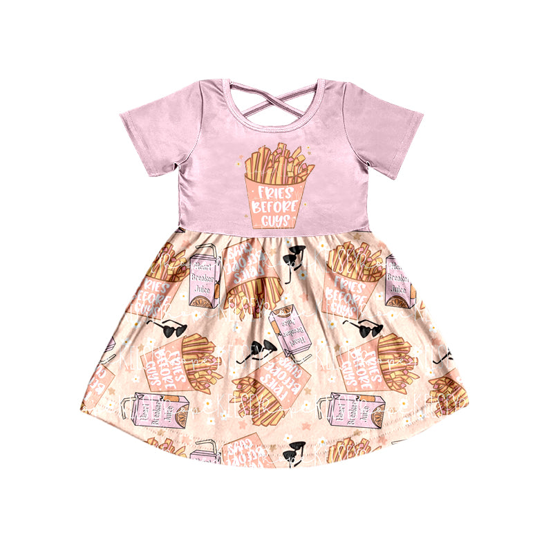 Baby Girls Valentines Fries Pink Short Sleeve Knee Length Dresses Preorder(moq 5)