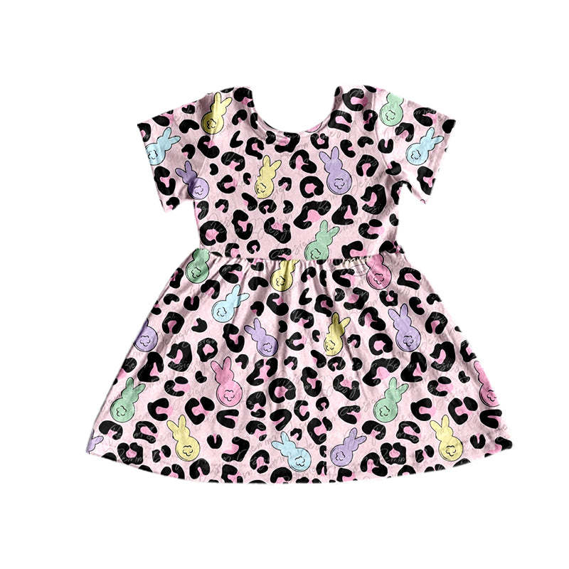 Baby Girls Short Sleeve Pink Leopard Rabbit Knee Length Dresses Preorder(moq 5)