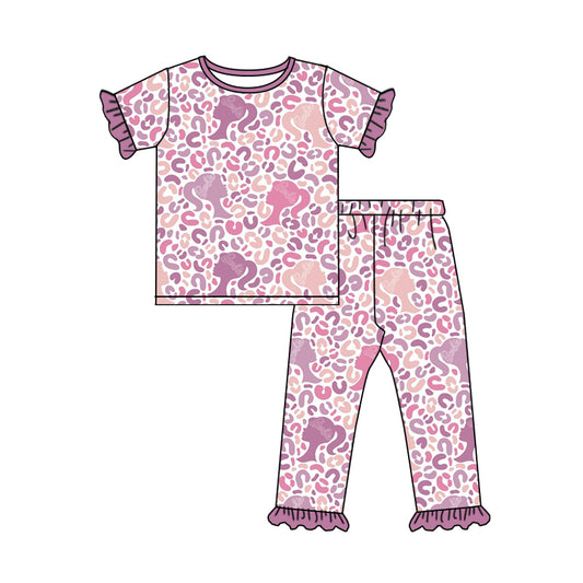 Baby Girls Leopard Doll Short Sleeve Tee Shirt Ruffle Pants Pajamas Clothes Sets preorder(moq 5)